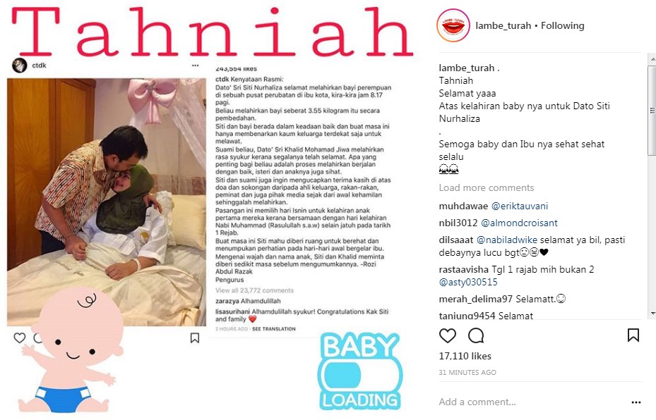 Manajer Umumkan Kelahiran Putri Pertama Siti Nurhaliza