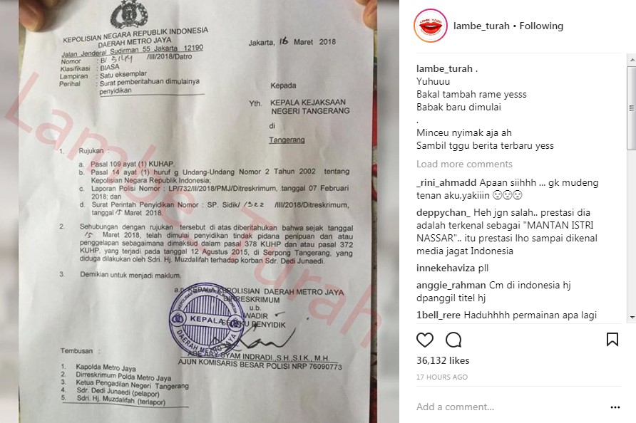 Beredar Surat Pemberitahuan Mulai Penyidikan Kasus Dugaan Penipuan Oleh Muzdalifah