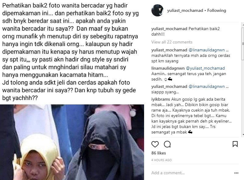 Klarifikasi Yulia Mochamad Soal Foto Wanita Bercadar di Pemakaman Istri Kedua opick