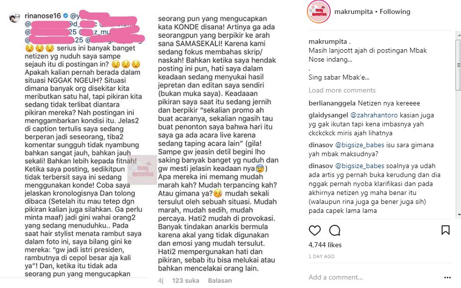 Klarifikasi Rina Nose Terkait Postingan yang Dinilai Menggunakan Konde