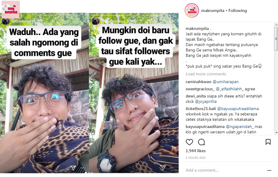 Sindiran Ge Pamungkas Pada Netizen yang Nyinyir di Instagramnya