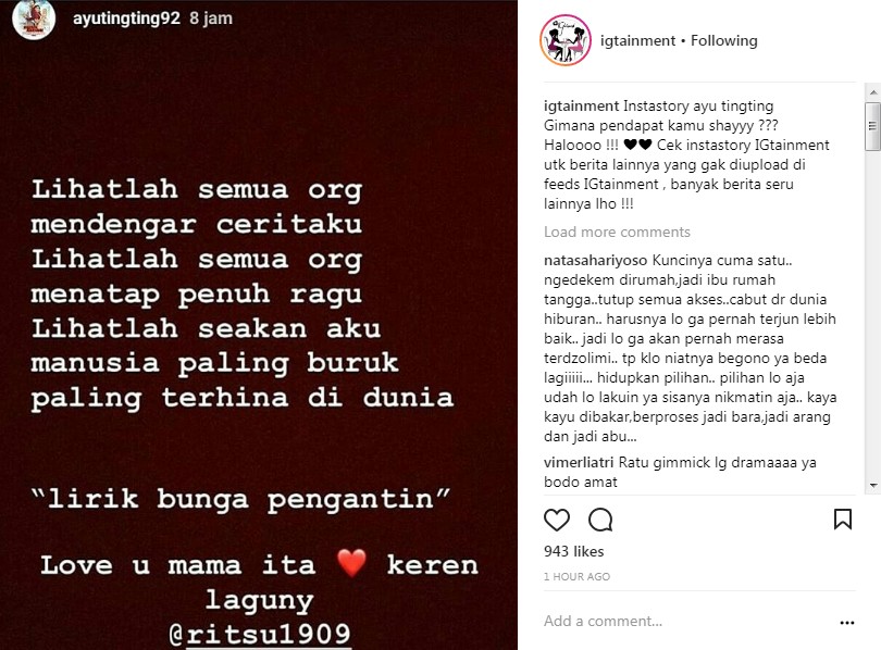 Postingan Instagram Ayu Ting Ting Soal Lirik Lagu Galau