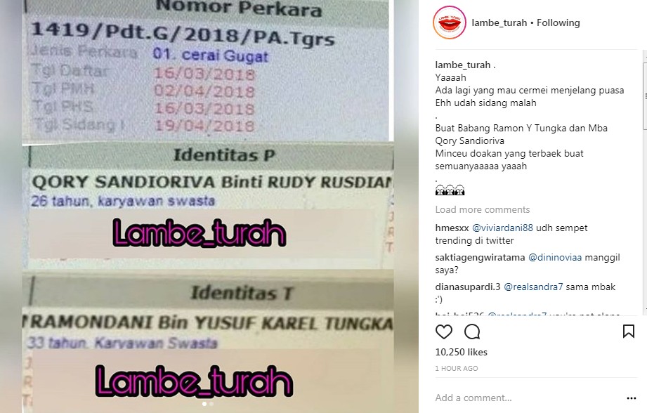 Keterangan Gugatan Cerai Qory pada Ramon