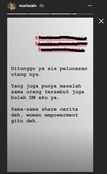 Marissa Nasution Masih Menunggu Pelunasan Hutangnya