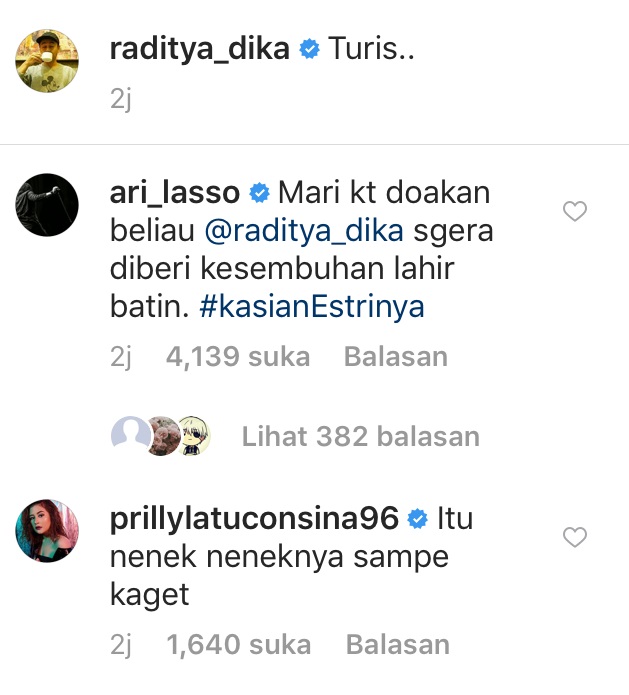 Komentar Ari Lasso dan Prilly Latuconsina pada postingan Konyol Raditya Dika