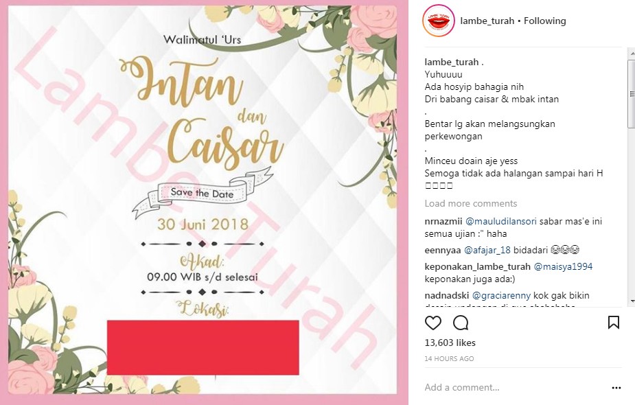 Diduga Undangan Pernikahan Caisar Putra Aditya dan Kekasihnya Almaratu Intan