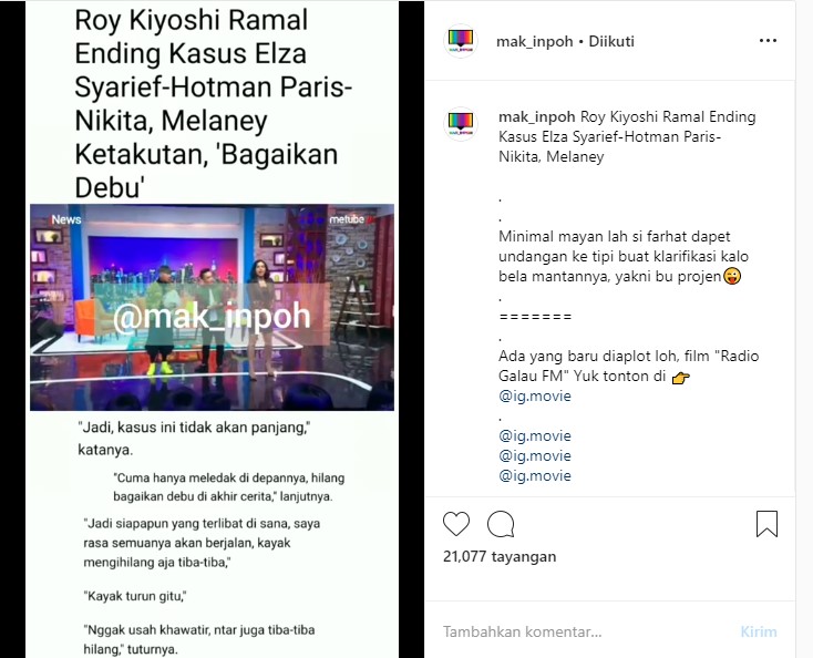 Roy Kiyoshi Ramal Konflik Nikita Mirzani-Elza Syarief