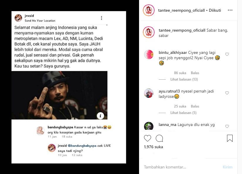 Jerinx SID Mengumpat Disamakan dengan Young Lex dan Deddy Corbuzier