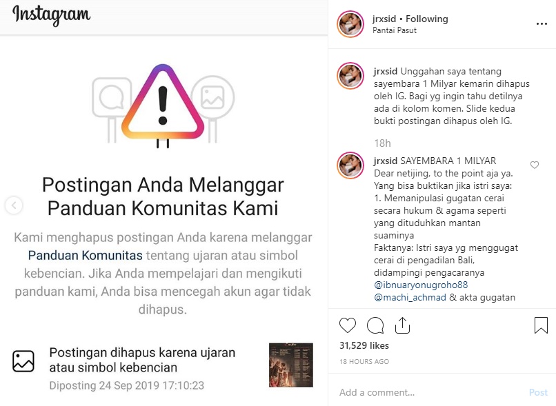 Jerinx SID Bikin Sayembara Berhadiah 1 Miliar Rupiah, Malah ‘Dihapus’ Pihak IG