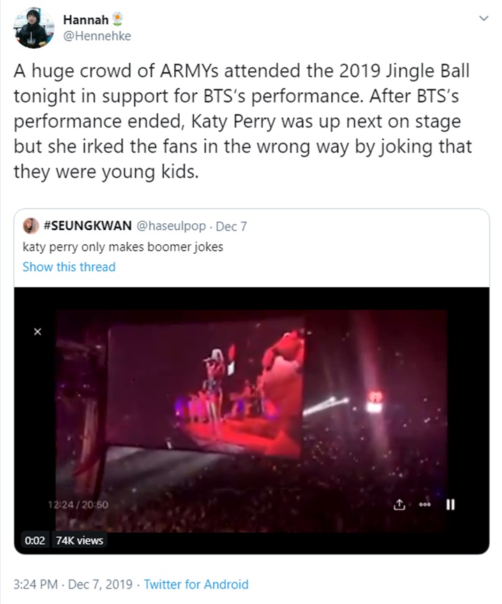 Buat Lelucon Soal Penonton BTS di Jingle Ball 2019, Katy Perry Langsung