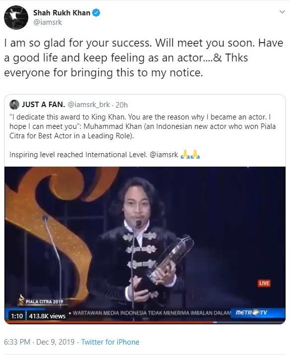 Muhammad Khan Sabet Piala untuk Film ‘Kucumbu Tubuh Indahku’, Shahrukh Khan Berkirim Pesan