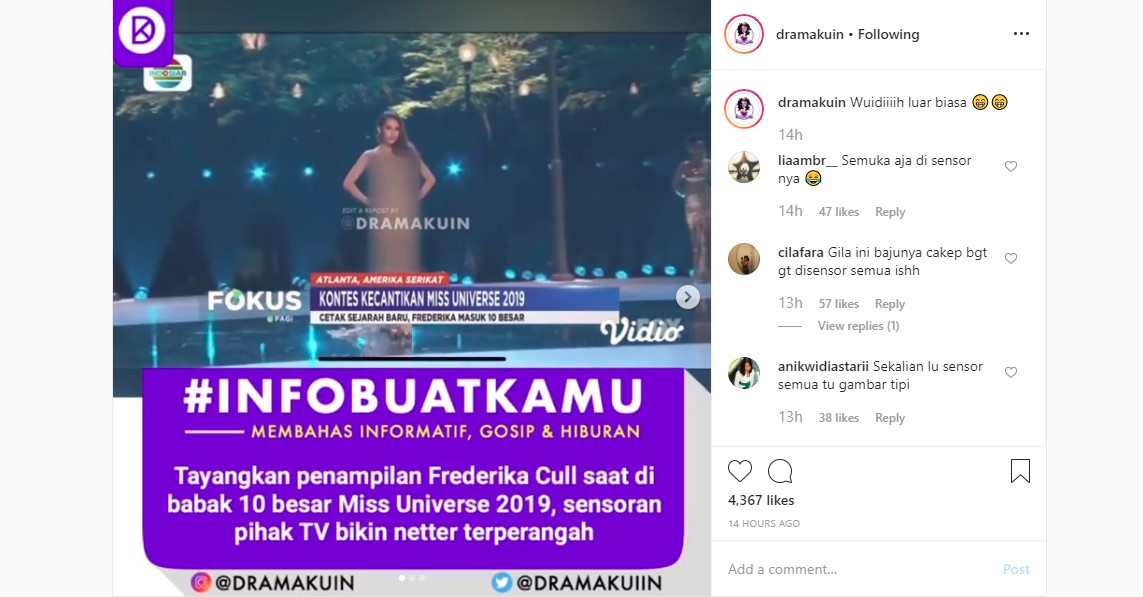 Tayangkan Penampilan Frederika Cull di Miss Universe 2019, Sensor Pihak TV Ini Bikin Geger