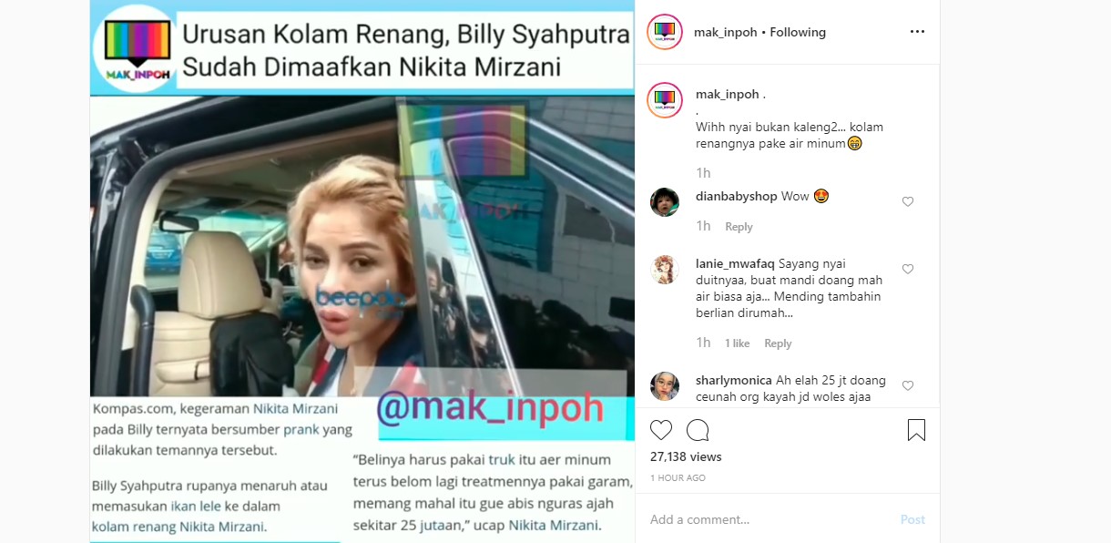 Nikita Mirzani Sigap Beri Maaf Usai Kolam Renang \'Mahal\' Ditaruh Billy Syahputra Lele, Kok Bisa?