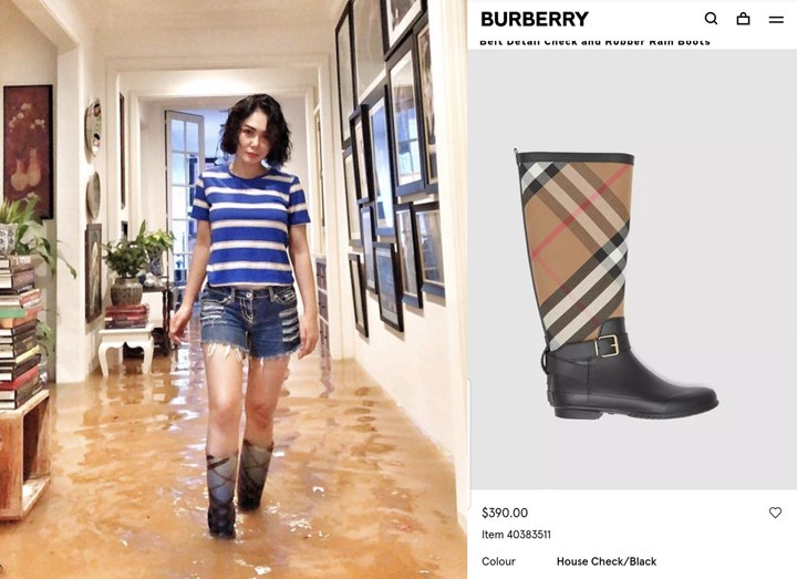 yuni shara mengenakan sepatu boot mahal saat banjir