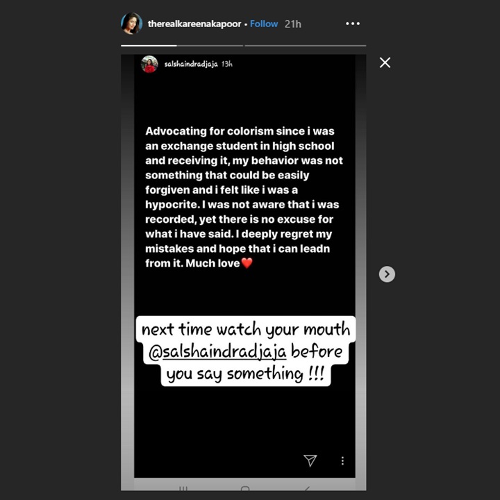 akun instagram dengan nama kareena kapoor memberikan nasihat kepada putri iis dahlia