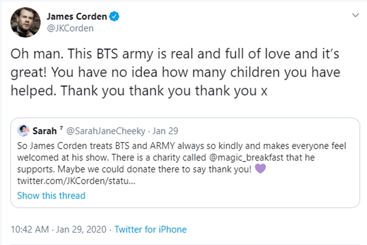 James Corden ungkap terima kasih pada fans BTS