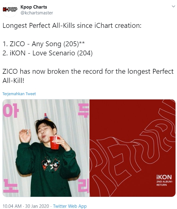 Saingi \'Love Scenario\' iKON, \'Any Song\' Zico Berhasil Jadi Lagu Perfect All Kill Terlama