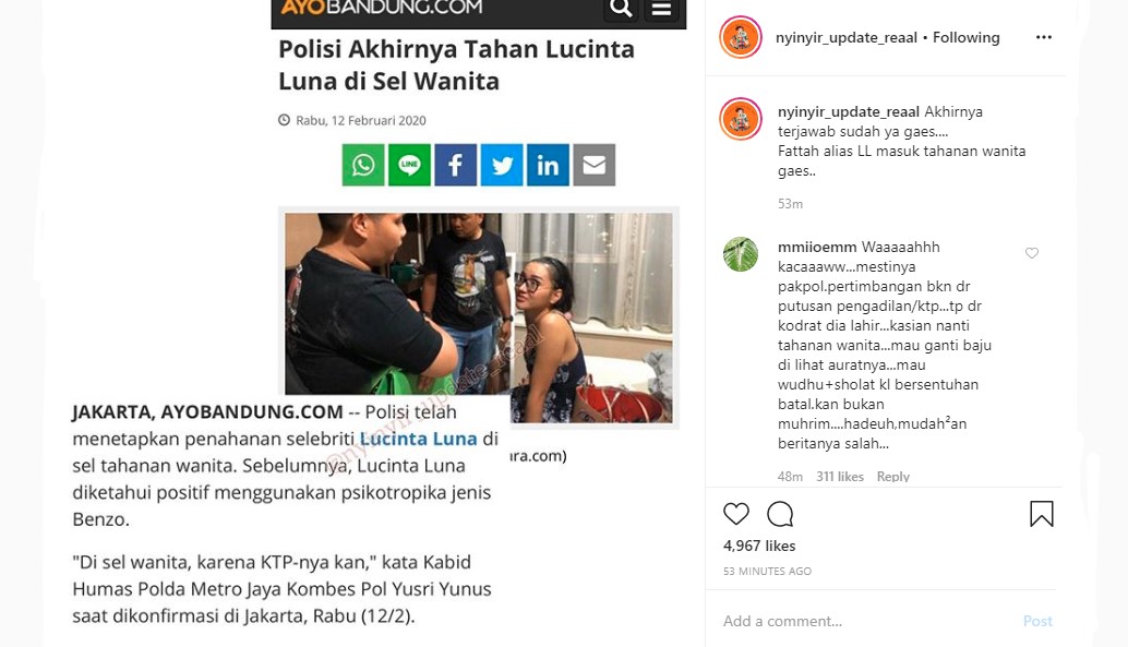 \'Tok\', Lucinta Luna Ditahan di Sel Wanita Sontak Picu Perdebatan?