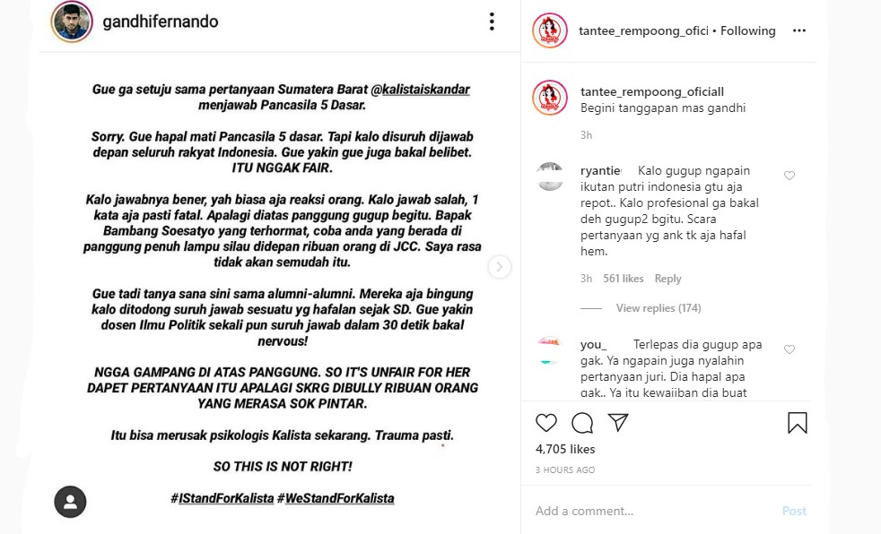 Gandhi Fernando Pasang Badan untuk Finalis Sumatera Barat, Kalista Iskandar Sontak Tak Lagi Dibully?