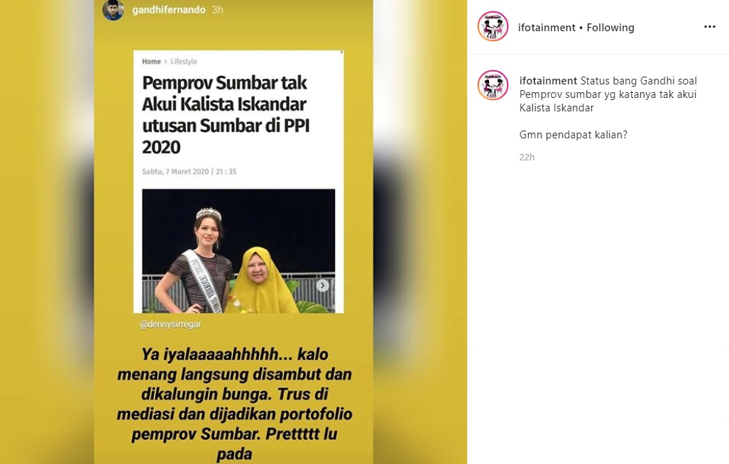 Gandhi Fernando ‘Ngegas’ Sindir Pemprov Sumbar yang Tak Akui Kalista Perwakilan di PPI 2020