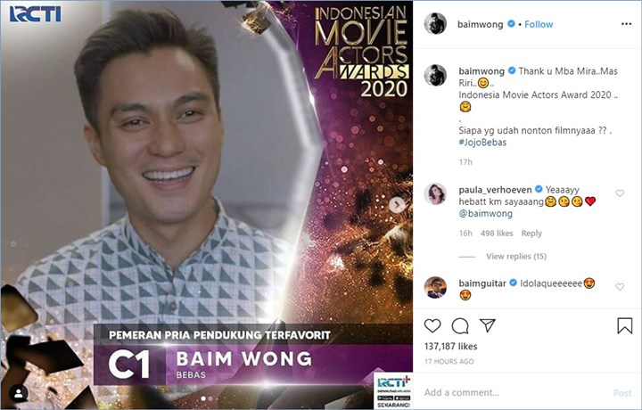 baim wong mengucapkan terima kasih usai menjadi nominasi indonesian movie actors awards 2020