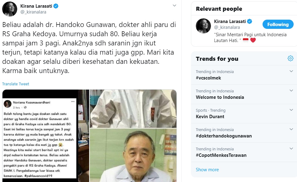 Viral ‘Pahlawan’ Dokter Handoko Jatuh Sakit, Kirana Larasati Ajak Warga Twitter Kirim Doa