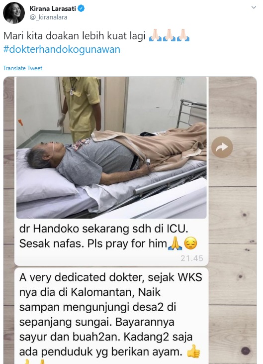 Viral ‘Pahlawan’ Dokter Handoko Jatuh Sakit, Kirana Larasati Ajak Warga Twitter Kirim Doa