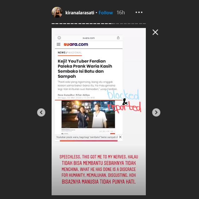 kirana larasati memberikan kritikan menohok untuk youtuber ferdian paleka melalui instagram story akun pribadinya