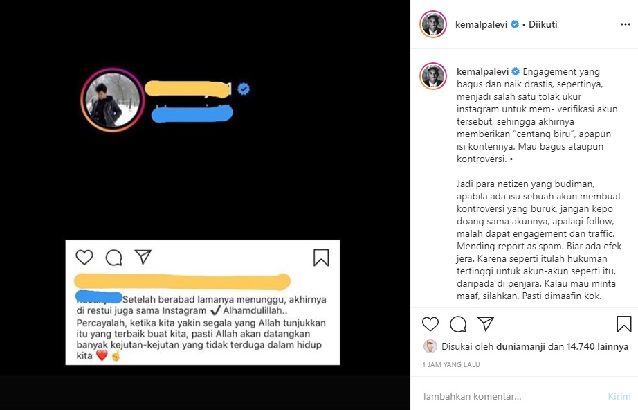 Banyak Konten Kontroversi Berujung Centang Biru IG, Kemal Palevi Sampaikan Ini ke Netizen Budiman