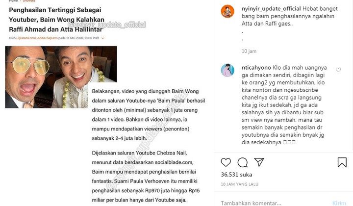 Penghasilan YouTube Baim Wong Kalahkan Raffi Ahmad dan Atta Halilintar, Begini Reaksi Netizen