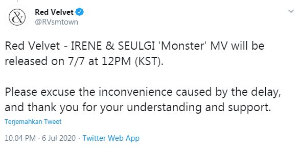 SM Entertainment Tunda Perilisan MV ‘Monster’ Irene-Seulgi, Fans Red Velvet Murka