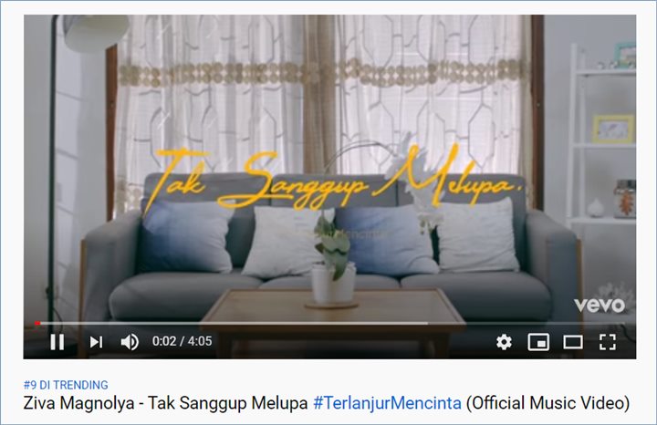 lagu \'tak sanggup melupa #terlanjurmencinta\' milik ziva magnolya trending di youtube indonesia