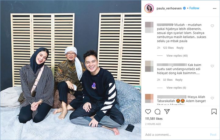 paula verhoeven mendapatkan nasihat online karena gaya hijab tak sempurna kala foto bareng aa gym dan baim wong