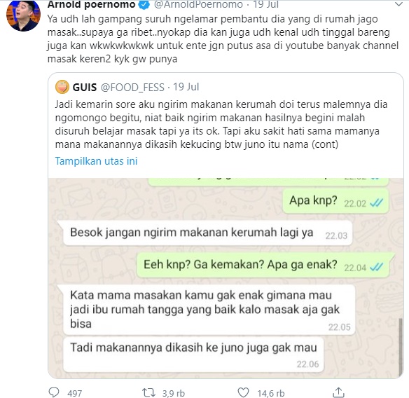 Viral Curhatan Netter Dihina Calon Mertua Tak Bisa Masak, Pembelaan Chef Arnold Jleb Banget
