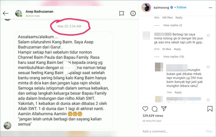 baim wong sontak langsung disambut dengan komentar pro dan kontra usai membeberkan salah satu pesan yang didapat dari di Instagram