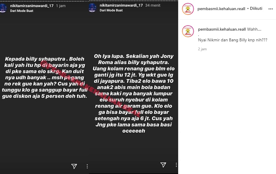 Sahabat Karib, Nikita Mirzani Tagih Uang ke Billy Syahputra Lewat Instagram Sontak Dikomentari Ketus