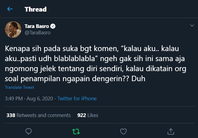 tara basro mengaku heran dengan orang yang suka berkomentar membandingkan dan merendahkan diri sendiri