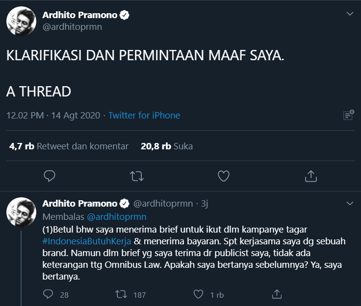 Ardhito Pramono Ucap Permintaan Maaf Usai Promosikan RUU Cipta Kerja, Bayaran Posting Dikembalikan?
