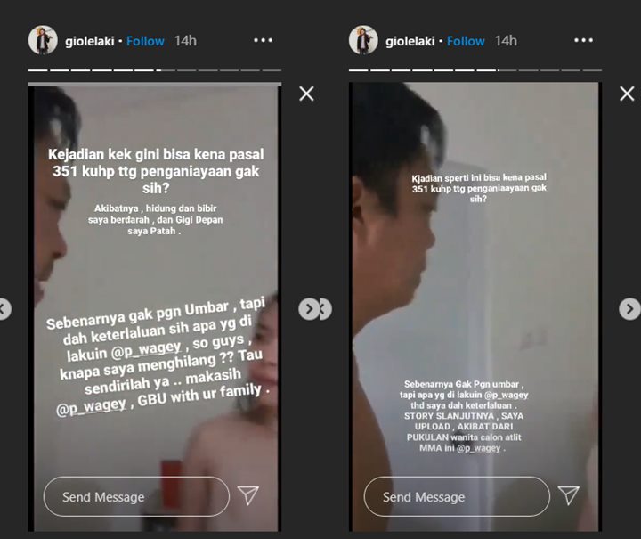 gio lelaki menunjukkan video dirinya tengah dianiaya oleh seornag wanita melalui akun Instagram pribadinya