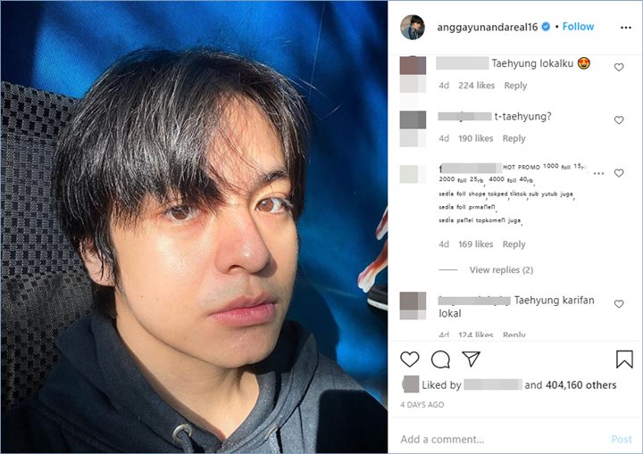 angga yunanda disebut mirip dengan v bts pada potret swafoto terbaru yang dibagikan di instagram pribadinya