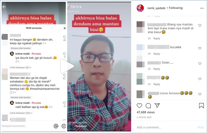 krisna mukti membagikan video tiktok bersama dengan sang mantan istri dan dibagikan ulang oleh salah satu akun gosip di Instagram