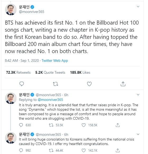 Cetak Sejarah Duduki Peringkat 1 Billboard Hot 100, BTS Dapat Ucapan Selamat dari Presiden Korea