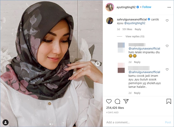 ayu ting ting sontak langsung diharapkan berjodoh dengan sahrul gunawan yang tak tagu memberikannya pujian di potret menggunakan hijab