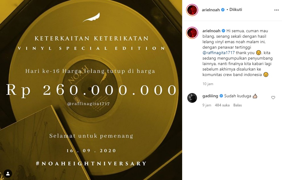 Raffi Ahmad Menang Jadi Penawar Tertinggi di Lelang Vinyl Emas NOAH, Gading Marten: Sudah Kuduga