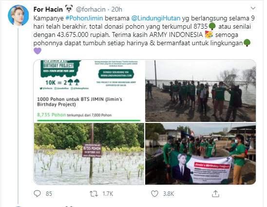 Contoh Jimin yang Peduli Lingkungan, ARMY Indonesia Tanam 8.735 Pohon untuk Ultah Sang Idola