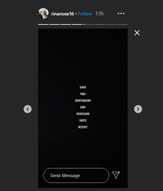 rina nose mempertanyakan orang-orang yang diuntungkan dari kegaduhan suatu negara melalui akun Instagram pribadinya
