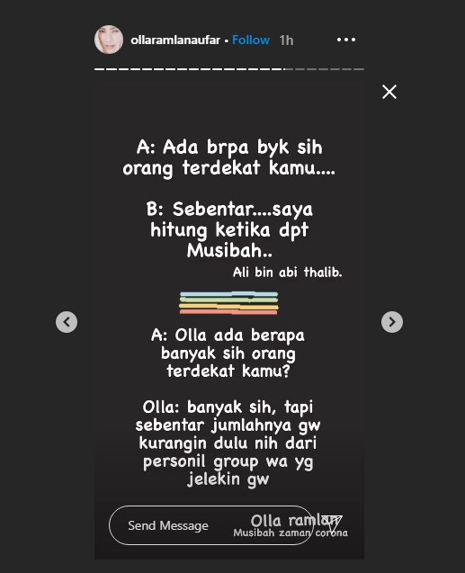 olla ramlan menyebutkan jika mendapatkan musibah di tengah pandemi virus corona yang dilakukan oleh seseorang di grup whatsapp