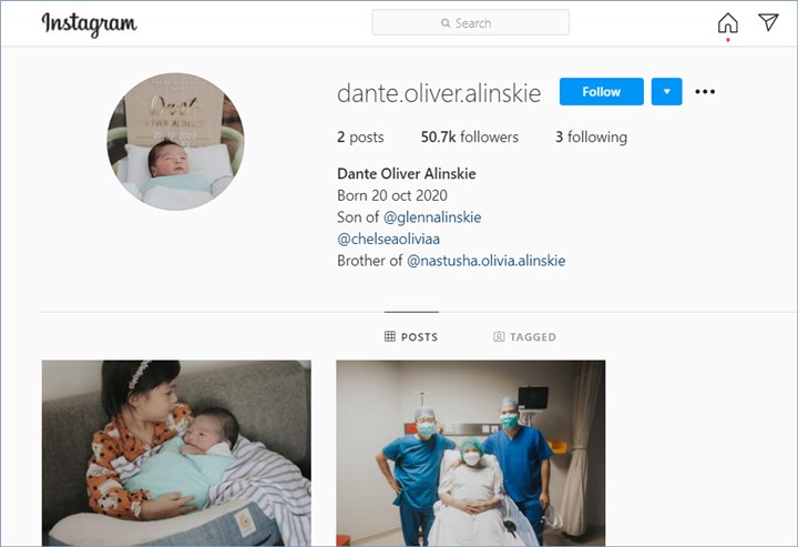 akun instagram anak kedua dari chelsea olivia dan glenn alinskie terlihat langsung mendapatkan lebih dari 50 ribu followers kurang dari 24 jam