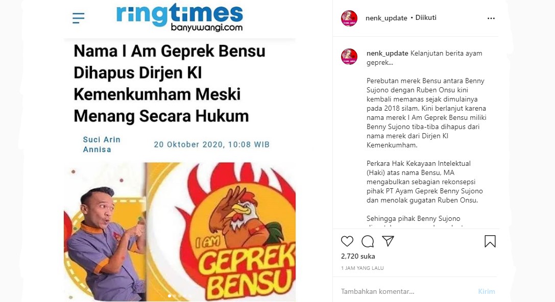 Nama \'Rival\' Usaha Ayam Geprek Ruben Onsu Dihapus Meski Menang Secara Hukum