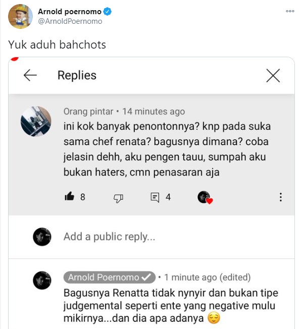 Chef Renatta Kena Nyinyir Karena Jadi Wanita Idaman, Arnold Peornomo Beri Reaksi Super Pedas